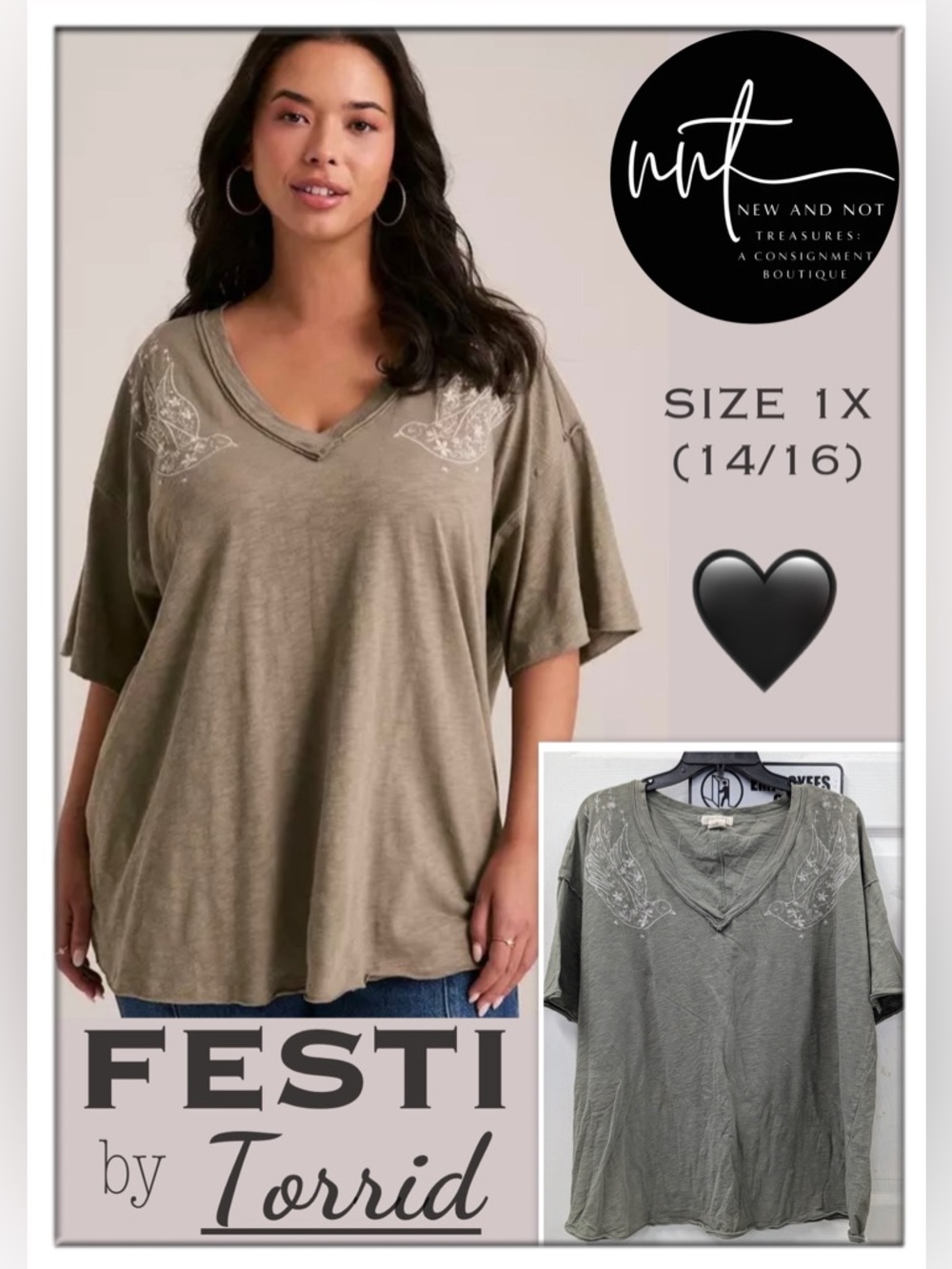 FESTI by Torrid 1X Dove Embroidered V Neck Tee Olive Green Boho Oversized